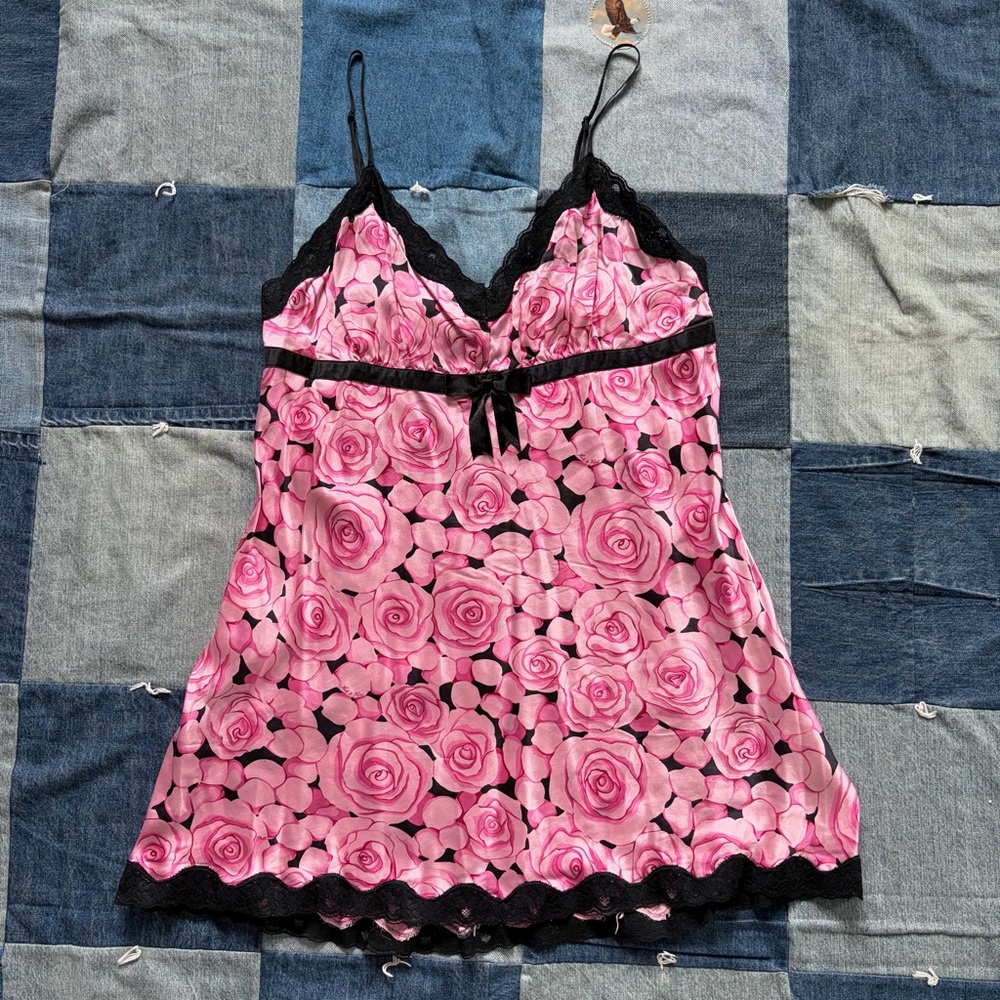 Nick & Nora 100% silk slip dress pink & black rose floral bow lace hem size L
